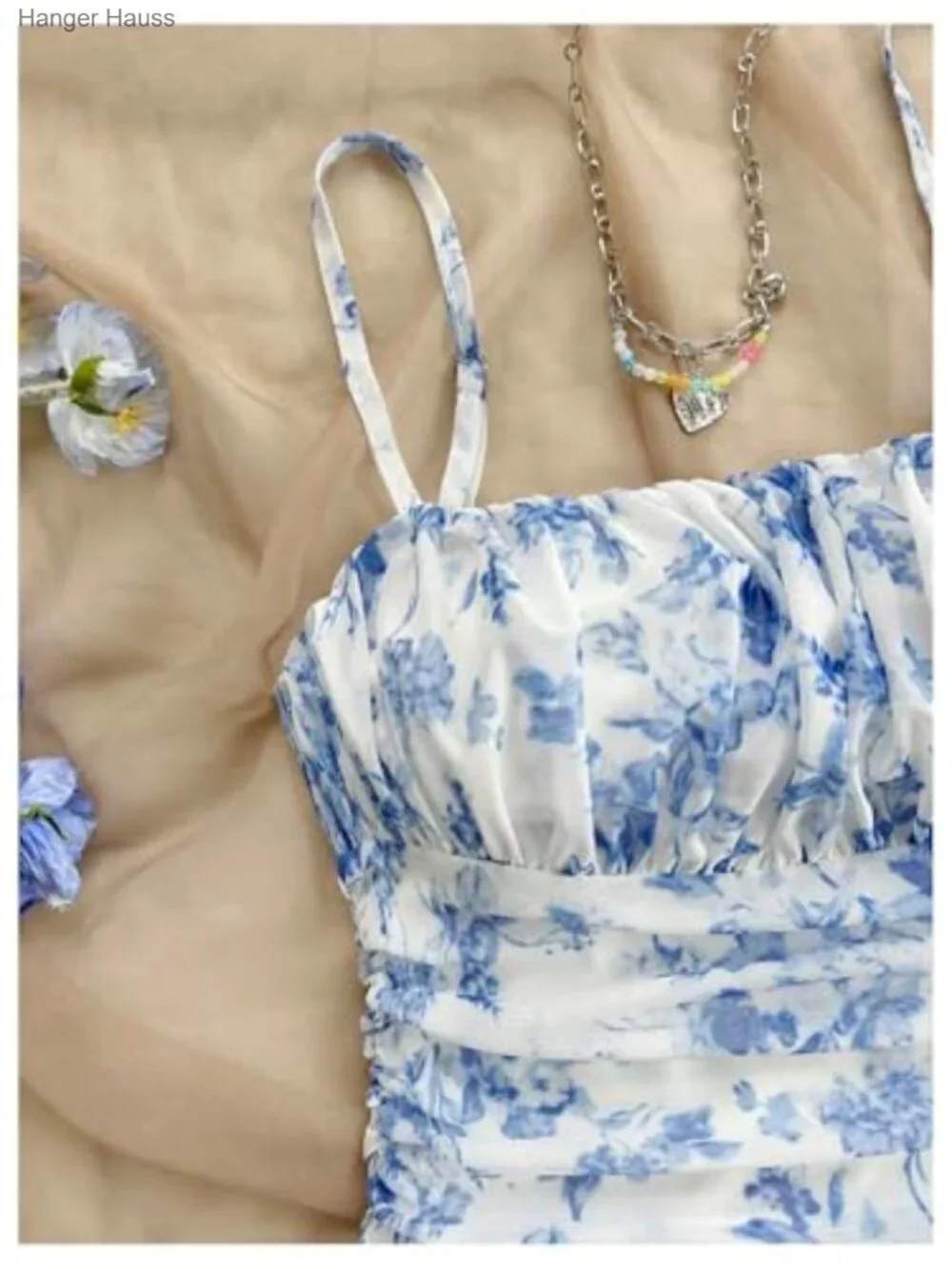 Girls Floral Mesh Ruched Mini Dress Spaghetti Strap Cami